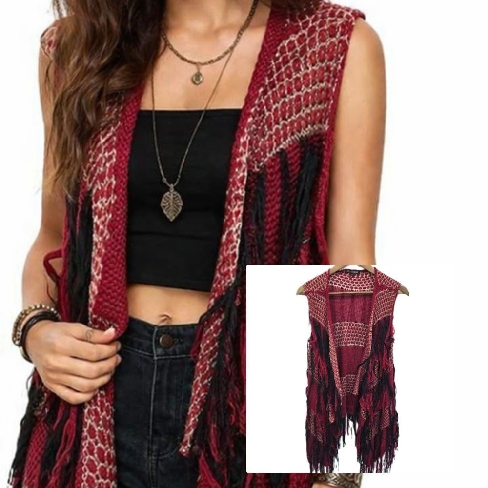 Boho Fringe Knit Vest Duster Open Front Festival Layer Red L